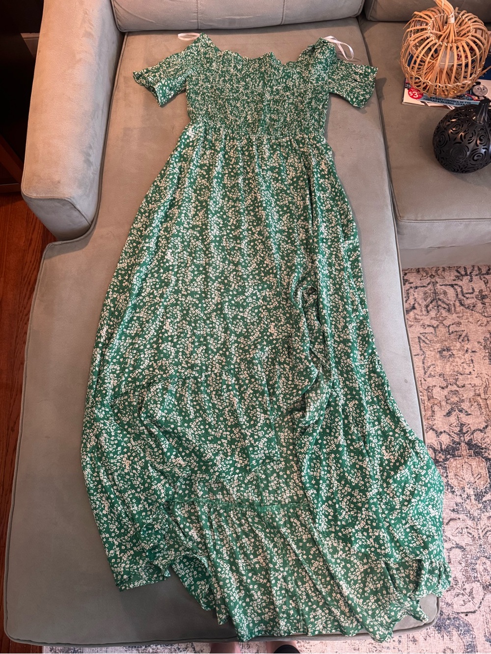 Lulu's Green Floral Maxi Dress with White Ditsy Pattern